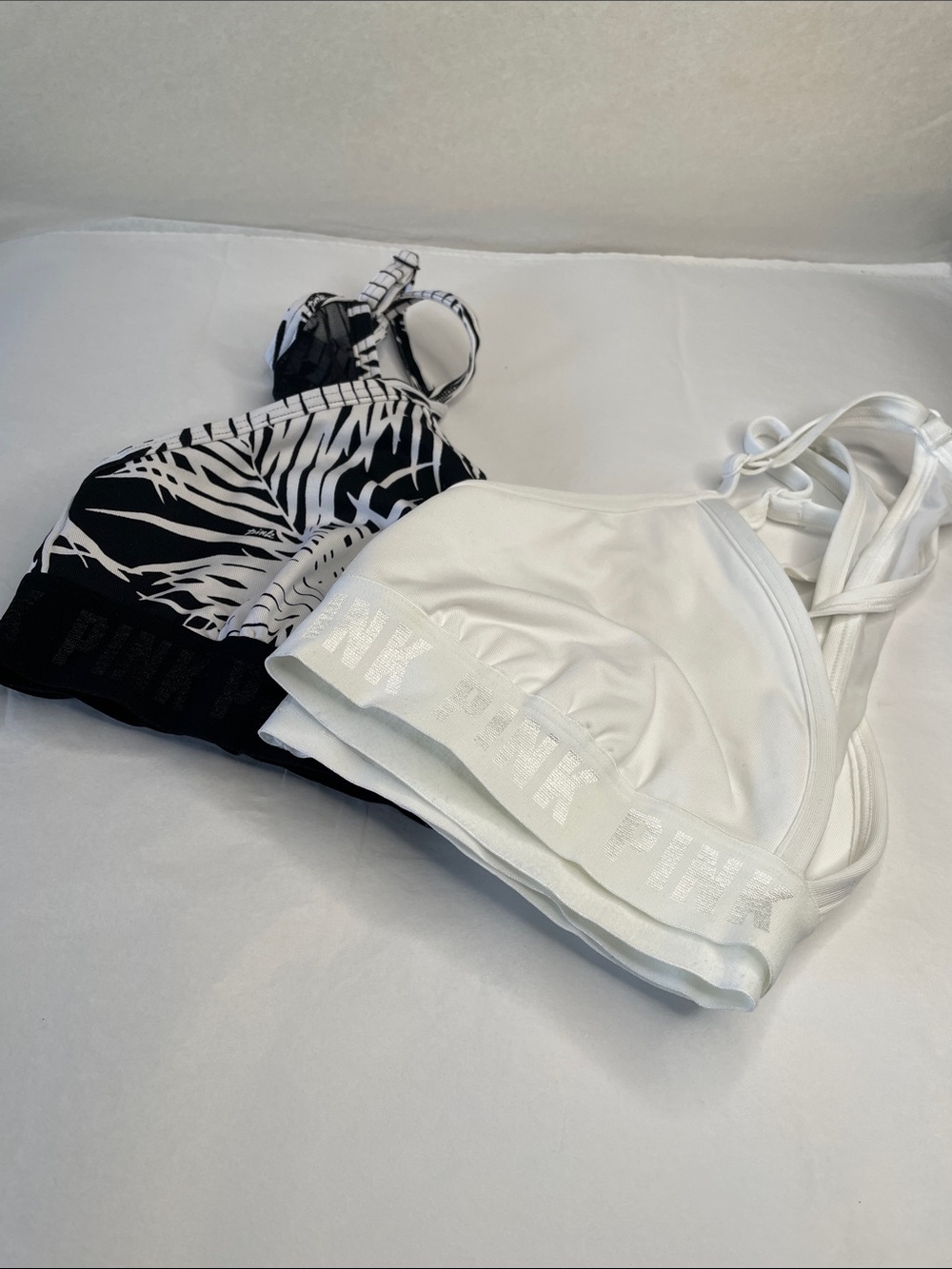 PINK Victoria's Secret White Bralette & Black Palm-Print Sports Bra Set